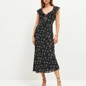 Reformation Imala Floral Midi Dress Black Corset Ruffle Zip Short Sleeve Sz 4